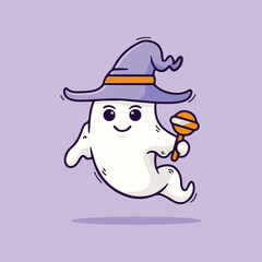 Cute ghost witch holding candy cartoon icon illustration
