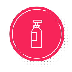 White line Bottle of shampoo icon isolated on white background. Red circle button. Vector