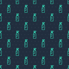 Green line Bottle of shampoo icon isolated seamless pattern on blue background. Vector