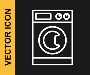 White line Washer icon isolated on black background. Washing machine icon. Clothes washer - laundry machine. Home appliance symbol. Vector