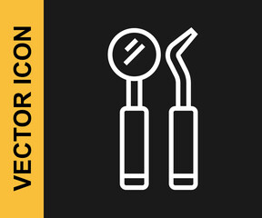 White line Dental inspection mirror and probe icon isolated on black background. Explorer scaler. Tool dental checkup. Vector