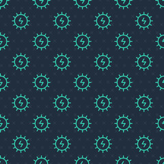 Green line Solar energy panel icon isolated seamless pattern on blue background. Sun with lightning symbol. Vector