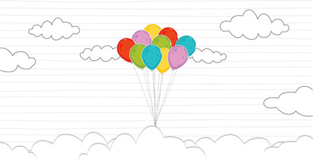 balloons clouds on line paper background. Vector illustration