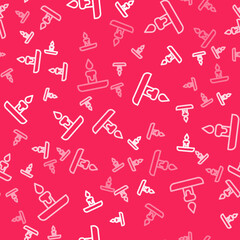 White line Burning candle in candlestick icon isolated seamless pattern on red background. Cylindrical candle stick with burning flame. Vector