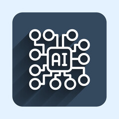 White line Neural network icon isolated with long shadow background. Artificial intelligence AI. Blue square button. Vector
