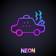 Glowing neon line Broken taxi car icon isolated on black background. Vector