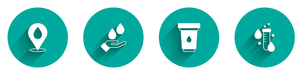 Set Water drop with location, Washing hands soap, filter cartridge and Test tube water icon with long shadow. Vector