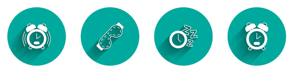 Set Alarm clock, Eye sleep mask, and icon with long shadow. Vector