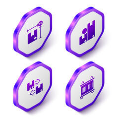 Set Isometric Cardboard box measurement, Carton cardboard, with traffic symbol and Container icon. Purple hexagon button. Vector