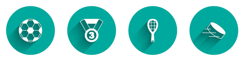 Set Soccer football ball, Medal, Tennis racket and Hockey puck icon with long shadow. Vector