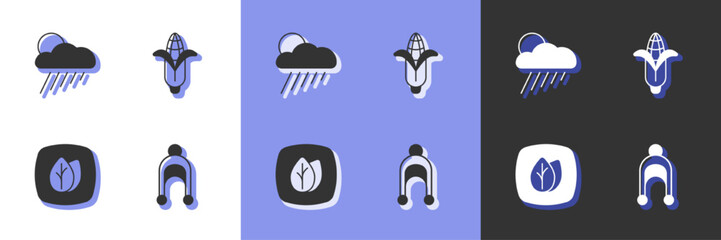 Set Winter hat, Cloud with rain and sun, Leaf and Corn icon. Vector