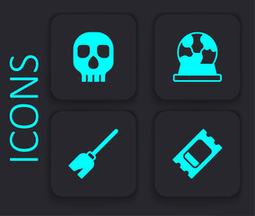 Set Circus ticket, Skull, Magic ball and Witches broom icon. Black square button. Vector