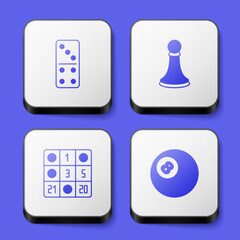 Set Domino, Chess pawn, Bingo card and Billiard pool snooker ball icon. White square button. Vector