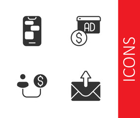 Set Mail and e-mail, Mobile 24 hours support, Human money and Advertising icon. Vector