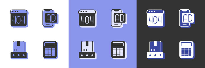 Set Calculator, Page with 404 error, Consumer product rating and Advertising icon. Vector