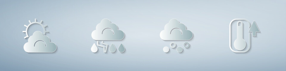 Set Sun and cloud weather, Cloud lightning, Hail and Thermometer. Paper art style. Vector