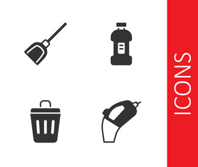 Set Portable vacuum cleaner, Dustpan, Trash can and Bottle for detergent icon. Vector
