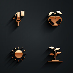 Set Garden hose, Apple, Sun and Sprout icon with long shadow. Vector
