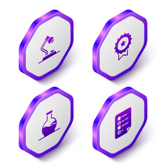 Set Isometric Table lamp, Medal with star, Test tube and Clipboard checklist icon. Purple hexagon button. Vector