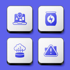 Set Internet piracy, Energy drink, Network cloud connection and Exclamation mark triangle icon. White square button. Vector