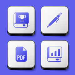 Set Book, Pen, PDF file document and Financial book icon. White square button. Vector