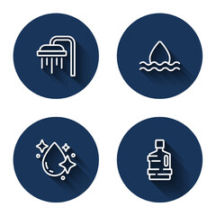 Set line Shower, Water drop, and Big bottle with clean water with long shadow. Blue circle button. Vector