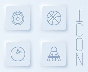 Set line Stopwatch, Basketball ball, Bowling and Badminton shuttlecock. White square button. Vector