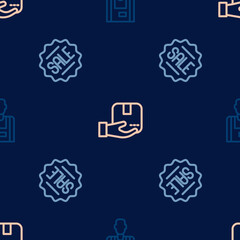 Set line Seller, Price tag with Sale and Delivery hand box on seamless pattern. Vector