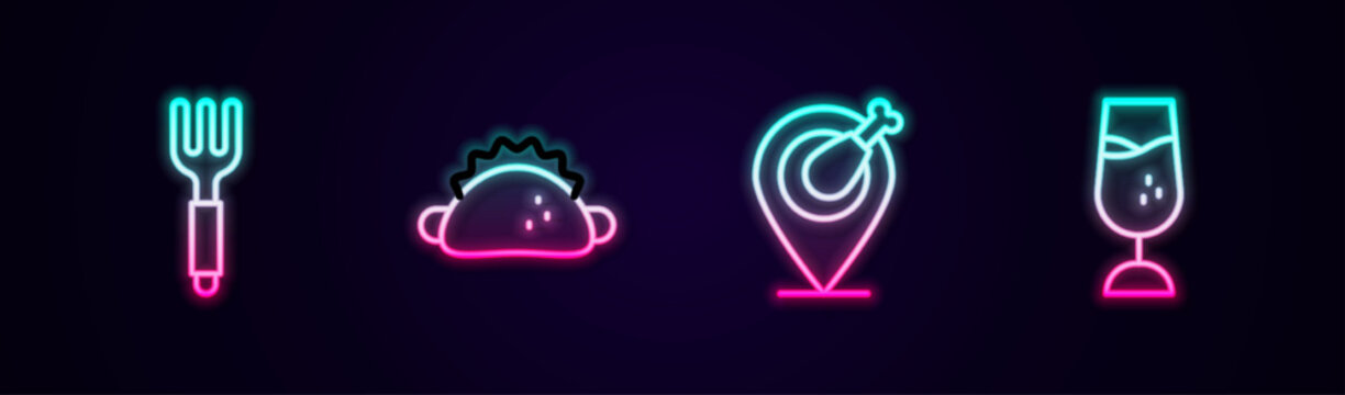Set line Fork, Taco with tortilla, Chicken leg and Wine glass. Glowing neon icon. Vector