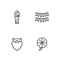 Set line Four leaf clover, Mustache and beard, Glass of beer and Carnival garland with flags icon. Vector