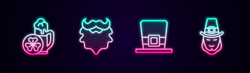 Set line Glass of beer, Mustache and beard, Leprechaun hat and . Glowing neon icon. Vector