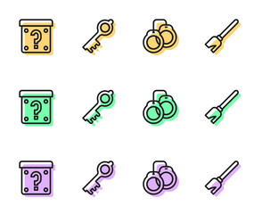 Set line Handcuffs, Mystery box, Old magic key and Witches broom icon. Vector