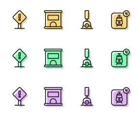 Set line Arrow for switching the railway, Exclamation mark square, Ticket office to buy tickets and Online booking icon. Vector