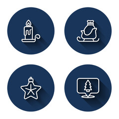 Set line Burning candle, Christmas santa claus sleigh, star and tree with long shadow. Blue circle button. Vector