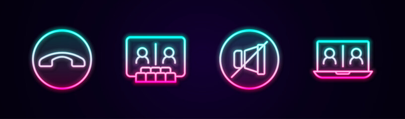 Set line Telephone handset, Video chat conference, Mute microphone and . Glowing neon icon. Vector