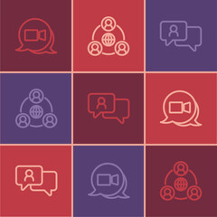 Set line Video chat conference, Speech bubble and Meeting icon. Vector
