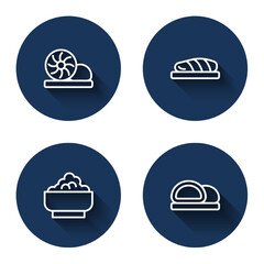 Set line Xiao long bao, Fish steak, Rice in bowl and Sushi with long shadow. Blue circle button. Vector