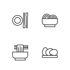 Set line Chicken egg, Asian noodles in bowl, Food chopsticks with plate and icon. Vector