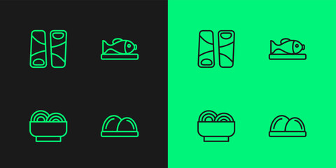 Set line Sushi, Asian noodles in bowl, Guotie and Served fish on plate icon. Vector
