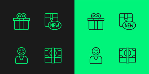 Set line Stacks paper money cash, Happy customer, Gift box and New collection icon. Vector