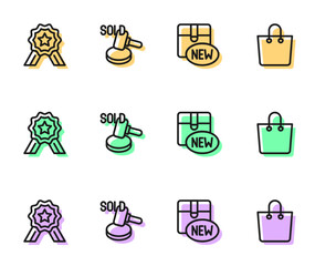 Set line New collection, Stars rating, Auction hammer and Paper shopping bag icon. Vector