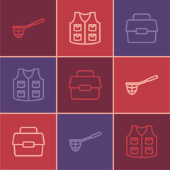 Set line Fishing net, Case or box for fishing and jacket icon. Vector