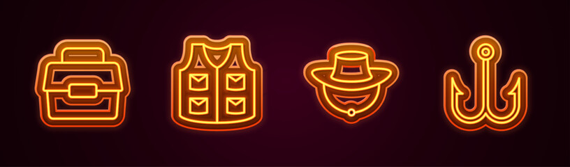 Set line Case or box for fishing, Fishing jacket, Fisherman hat and hook. Glowing neon icon. Vector