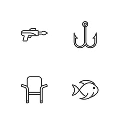 Set line Fish, Camping folding chair, Fishing harpoon and hook icon. Vector