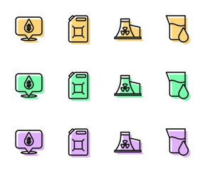 Set line Nuclear power plant, Oil drop with dollar symbol, Canister for gasoline and petrol test tube icon. Vector