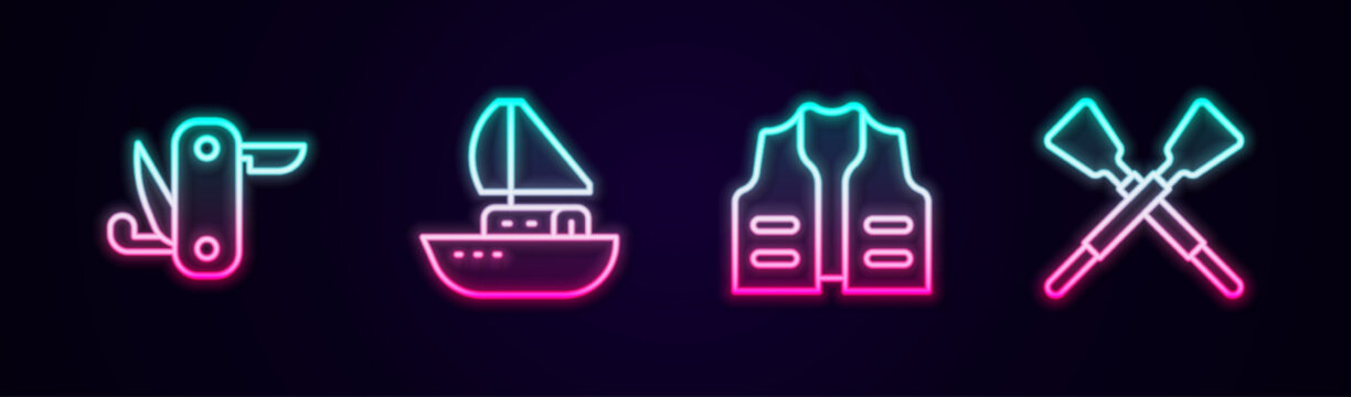 Set line Swiss army knife, Yacht sailboat, Fishing jacket and Crossed oars or paddles. Glowing neon icon. Vector