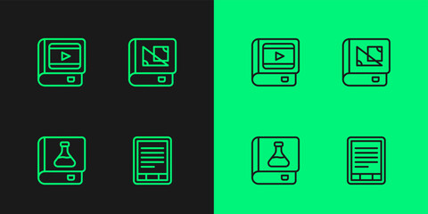 Set line E-Book reader, Chemistry book, about cinema and geometry icon. Vector