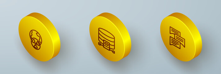 Set Isometric line Planet earth and radiation, Cloud database and Speech bubble chat icon. Vector