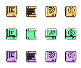 Set line Phone book, Book, Decree, parchment, scroll and Financial icon. Vector