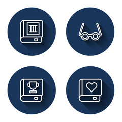 Set line Book, Glasses, and Romance book with long shadow. Blue circle button. Vector